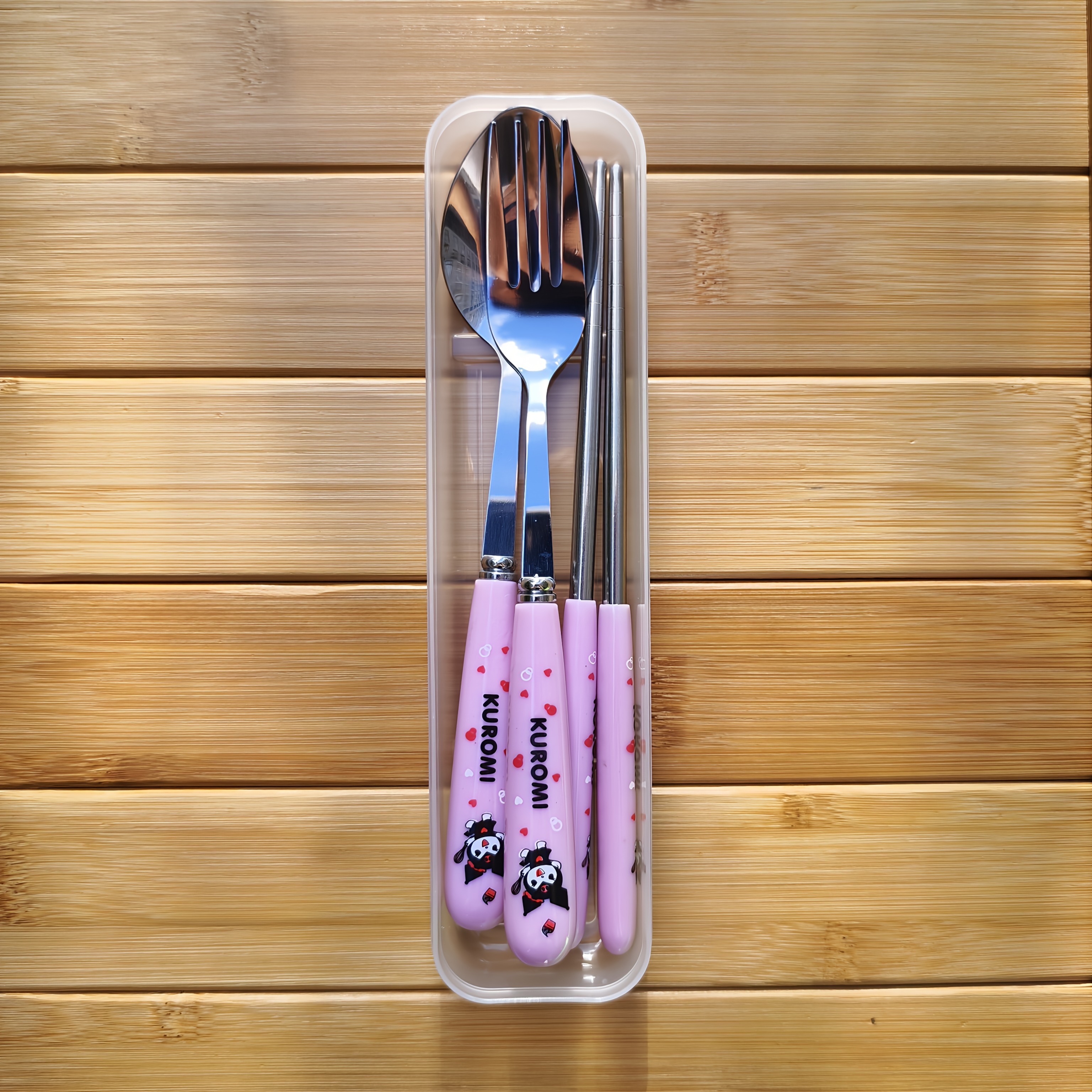 E-shop 3-teiliges Sanrio Hello Kitty Edelstahl Besteck-Set, Exquisites Kuromi Geschirr, Niedliches Cinnamoroll Gabel-Löffel-Stäbchen Set für Zuhause,