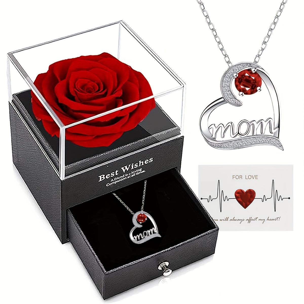 

Elegant Ladies' Rose Soap Flower In Gift Box With Heart-shaped 'mom' Pendant Necklace, Includes Greeting Card, Perfect Present From Daughter For Party Style Occasion Mother's Day Gift Set