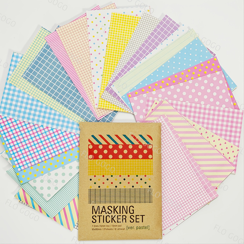 TEMU 27pcs Unique Washi Sticker Set For Journaling Scrapbooking - Tearable Self-adhesive Dots Grid Stripe Paper Stickers For Craft, Planner, Notebook