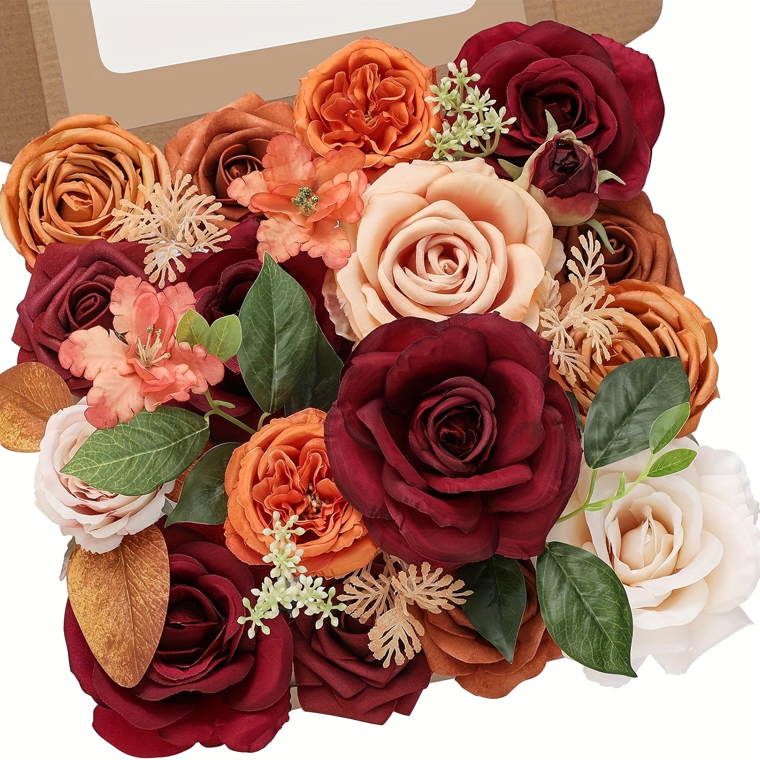 TEMU Orange Artificial Flower Set With Rose Leaves And Stems Diy Wedding Bouquet Centerpiece Shower Party Home Decor Valentine's Day Autumn Best Gift For Girlfriend, Wife