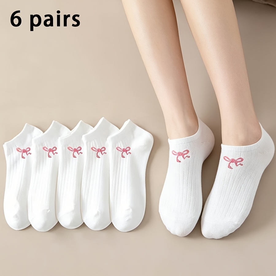 TEMU 6 Pairs Women' Short Socks Solid Color Versatile Pink Bow Trendy Socks Spring Summer Style Thin Socks