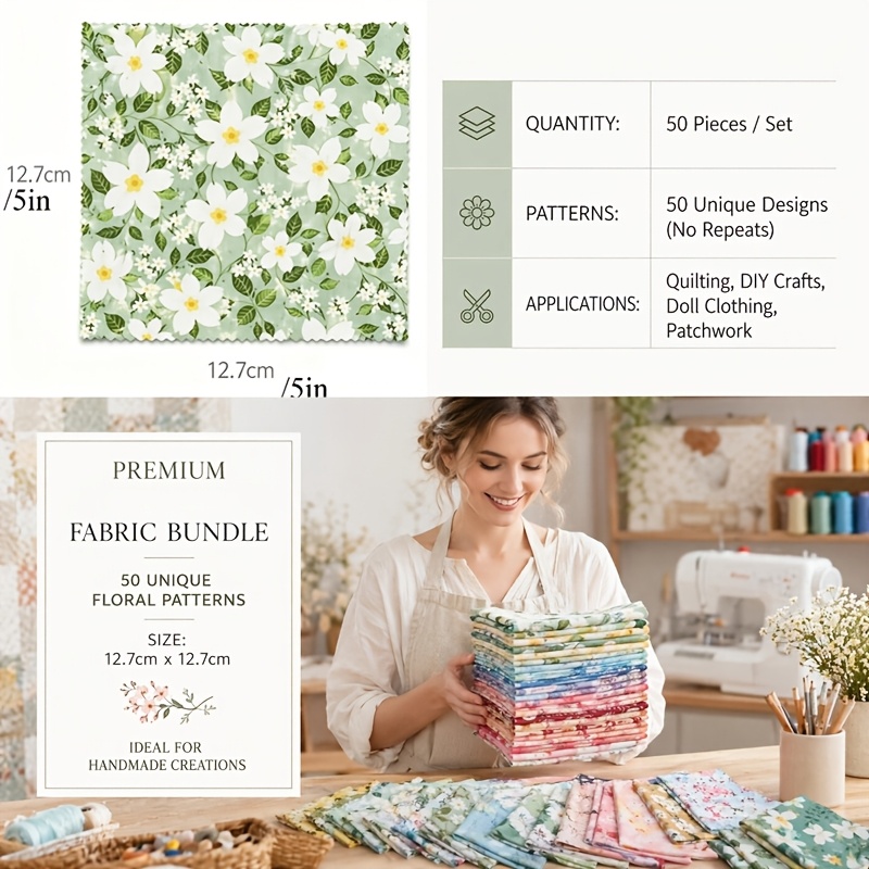 TEMU 50pcs Set, Beautiful Floral Fabric Bundle With 50different Colors And Patterns, Pre-cut Multipurpose Cloth - Ideal For Sewing And Diy Crafts,