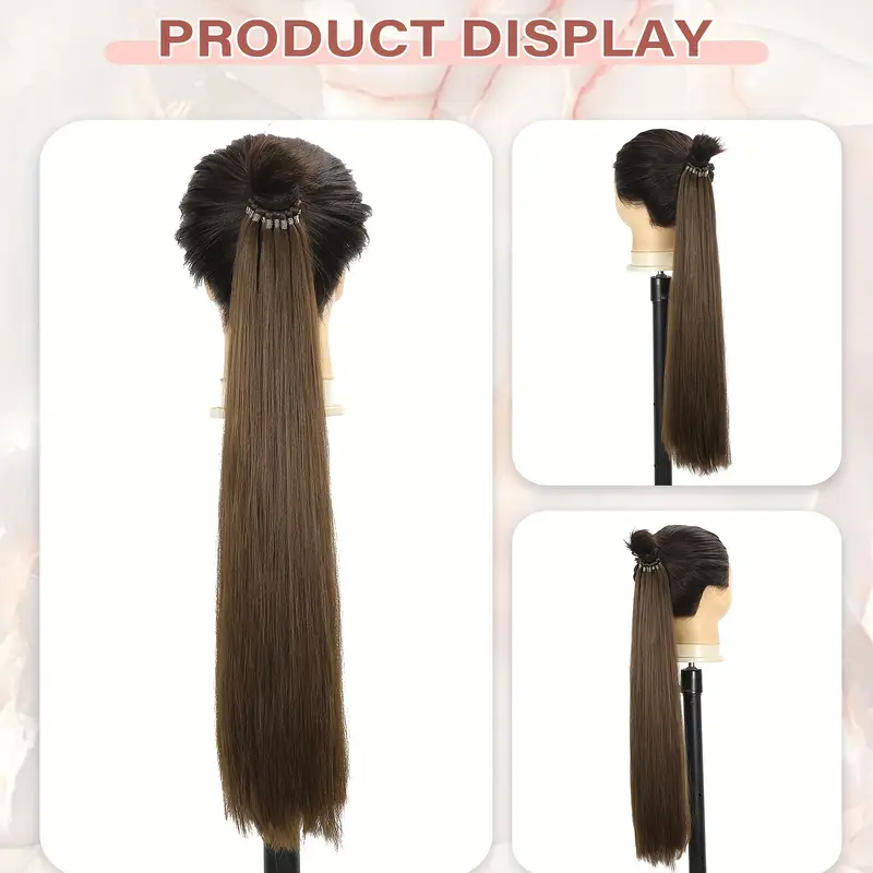 26 inch long straight ponytail extension with braided boxing ties and rubber bands for diy details 2