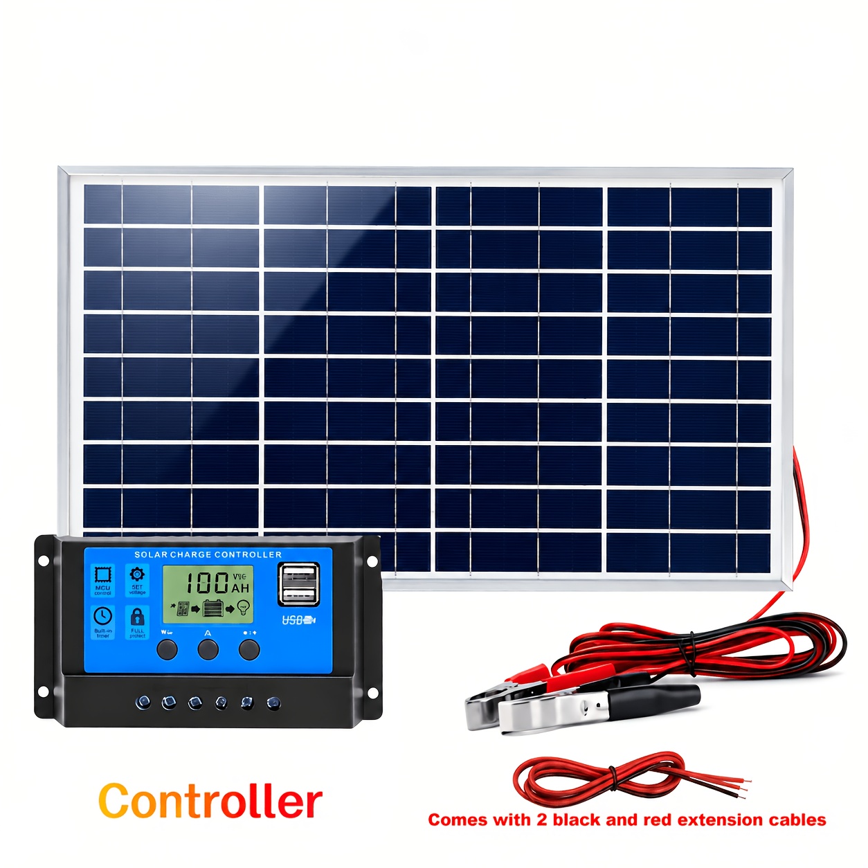 TEMU Kit pannello solare 1 pz, con controller intelligente opzionale e uscita a pinza a coccodrillo. a applicazioni come cortili, auto, batterie, di