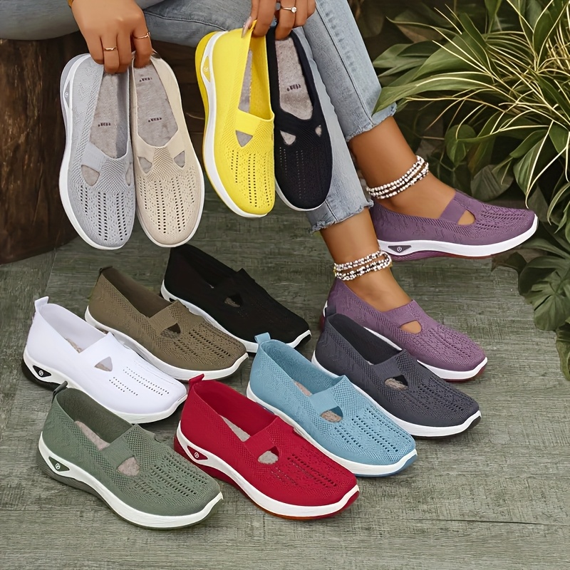   damen atmungsaktive strick-sneaker - leichte low-top-sneaker mit ausschnitt-farben (rot, beige, grün, blau, schwarz, lila) | flexible pvc-sohle & rundspitze | casual für lässige outfits | maschinenwaschbar, damenschuhe
