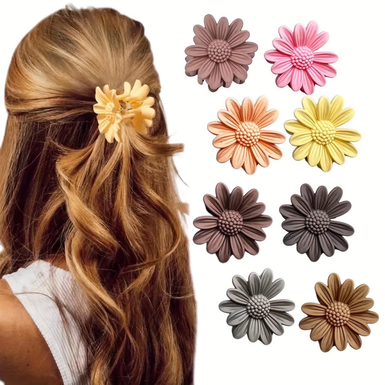 

6-8pcs Daisy Hair Claw Clips, Bohemian Style, Sweet Floral Hair Accessories, Plastic, Small Size, Print, For Daily Use And Party Decor