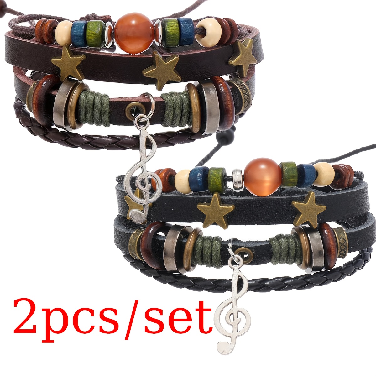 E-shop Modischer Musiknoten Anhänger Armreif Armband Zweiteiliges Set Retro Eleganter Stil Kunstleder Handseil Geschenk für Freunde