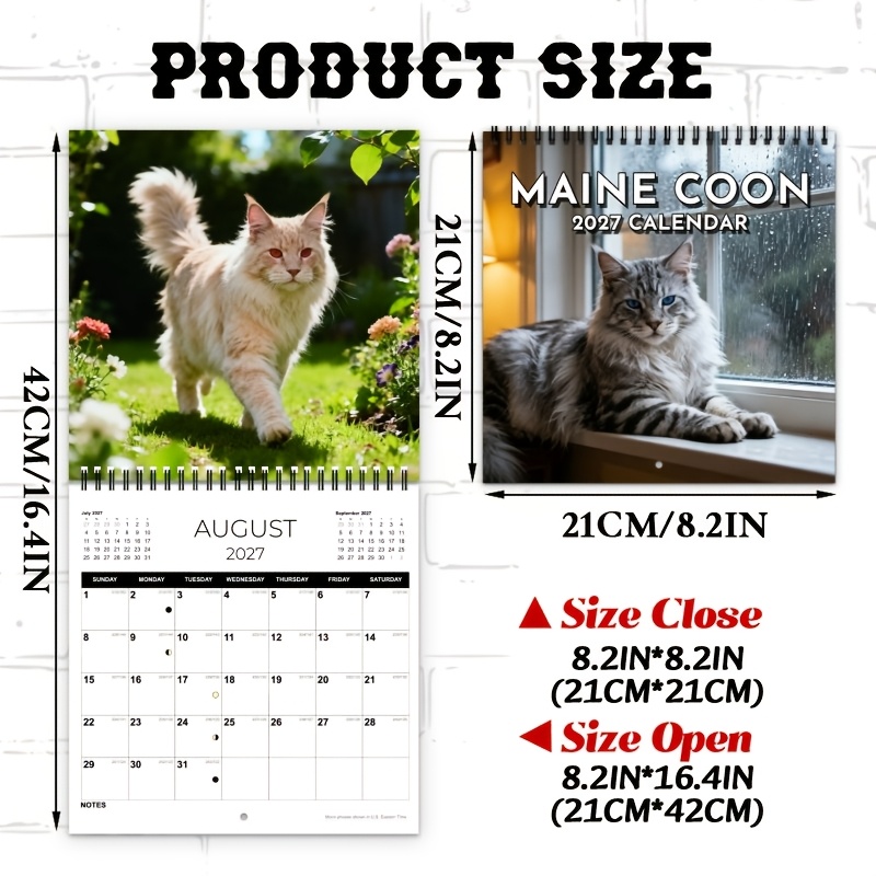 TEMU Calendrier mural pliable 2027 Maine Coon Design Esthétique , Planificateur, 12 mois, à grille carrée, Photos et fermeture mensuelles, , ,