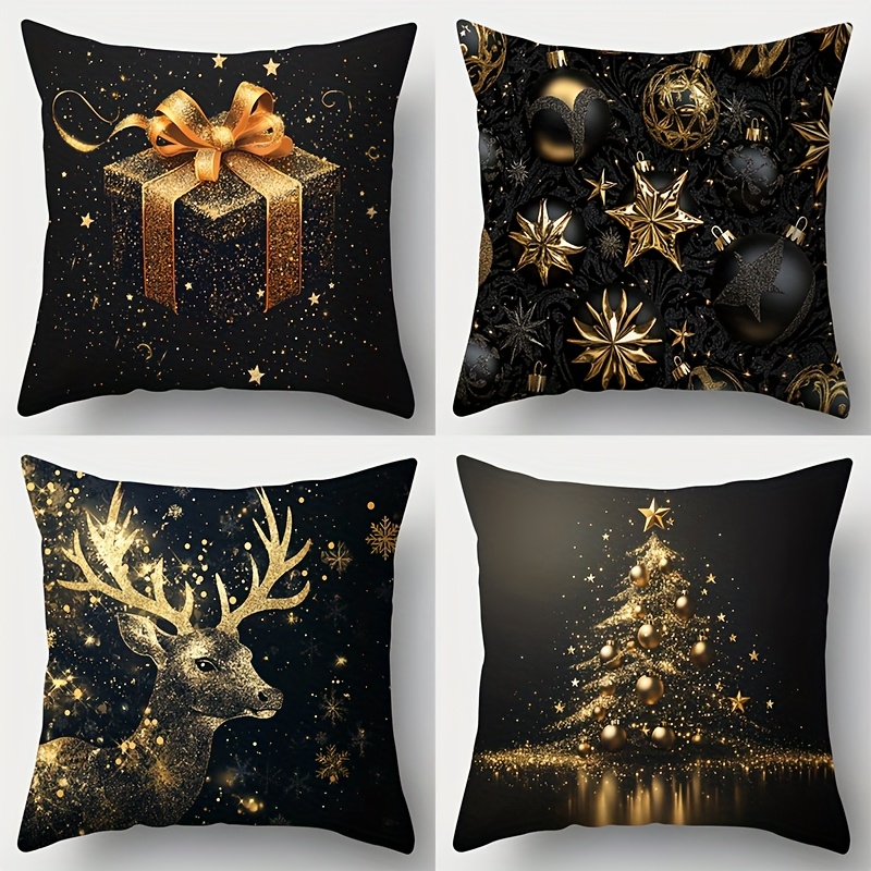 TEMU 4 Stück Festliche Weihnachts-Kissenbezüge, Schwarz-Goldene Feiertagsdesigns mit , Rentier und Geschenkmotiven, Zeitgenössischer Stil,