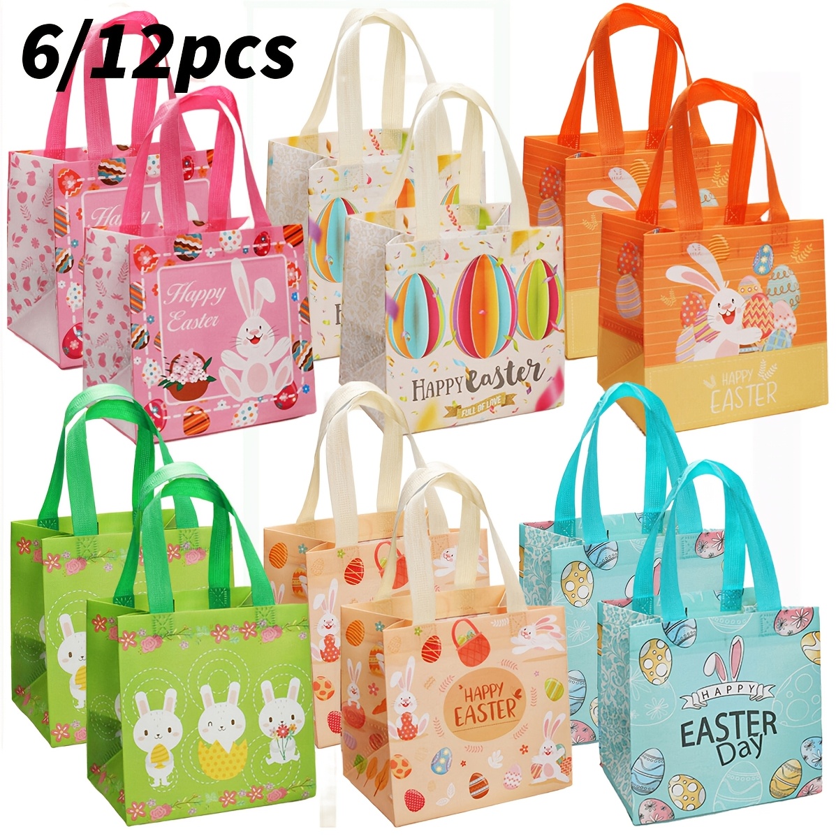 

6/12 Pack Easter Gift Bags, Reusable Non-woven Tote Bags With Handles, Foldable Bunny & Egg Designs, Open Size 7.9x5.9x8.2 Inches, Supplies