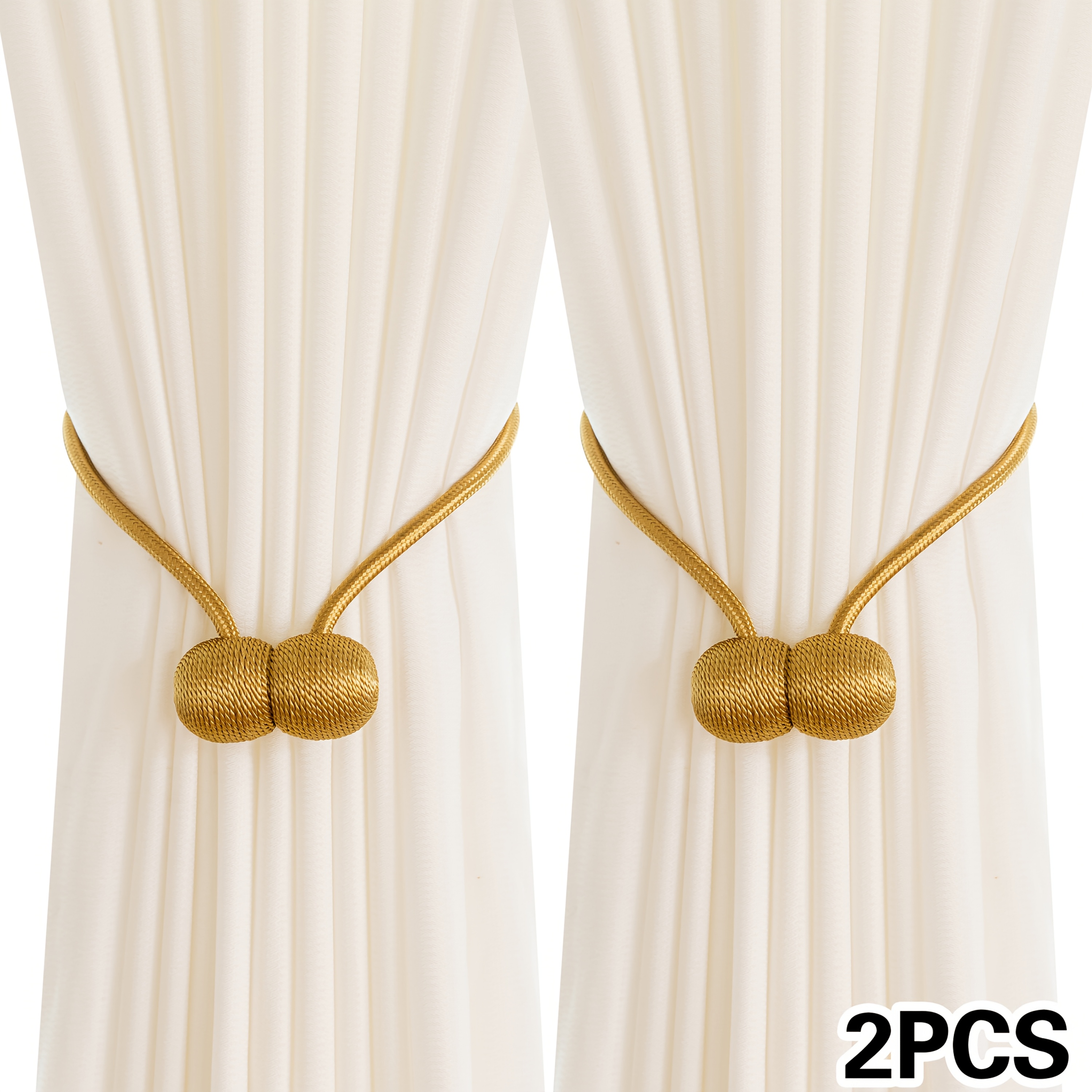 A Set of Two Modern Minimalist Magnetic Curtain Ties Is on, Featuring Thicker Twisted Ropes And Flexible Magnetic Ties. They Are Durable, Easy to Install, And Do Not Require Drilling, Making Them Perfect for Bedroom And Living Room Decor