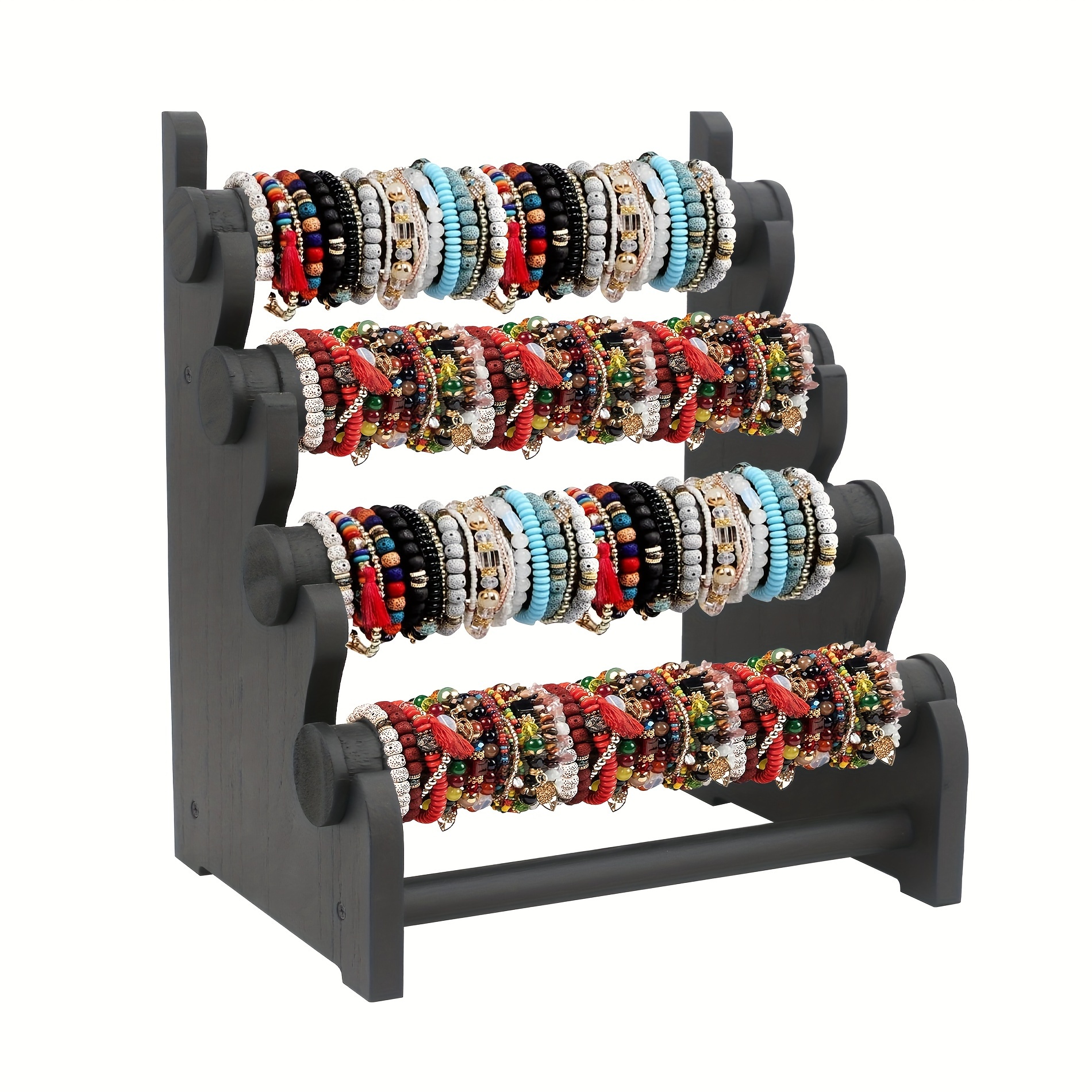 

4-tier Wooden Jewelry Bracelet Stand - Multipurpose Tabletop Organizer For Bangles, Scrunchies - Powder Coated Finish, Rectangle Shape, No Electricity Needed