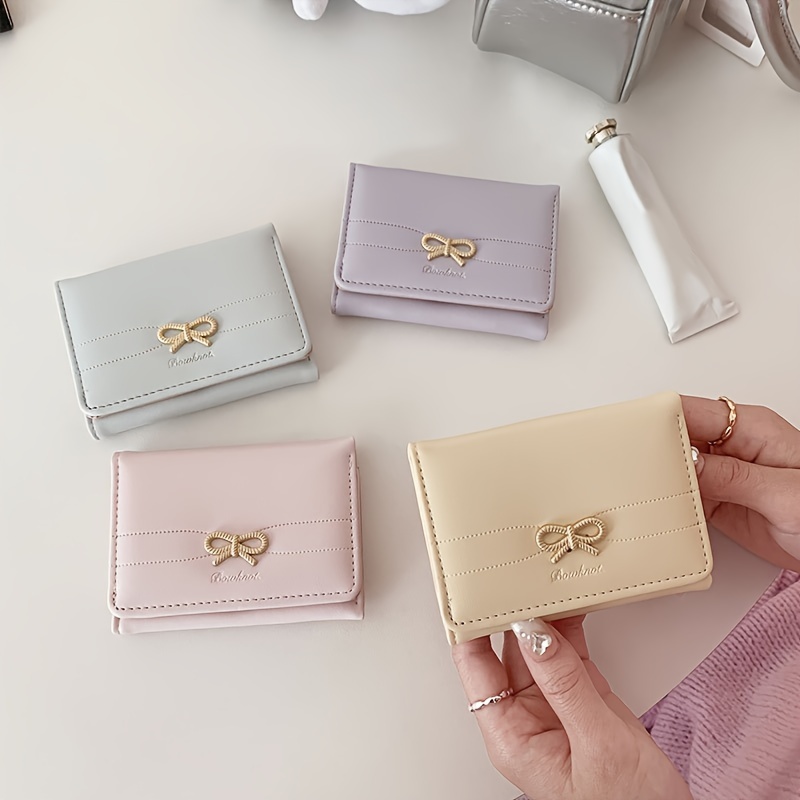 

Preppy Style Trifold Wallet For Women, Faux Leather Snap Closure, Polyester Lined Flap Pocket With Bow Detail, Elegant Korean Fashion - Wet Wipe Cleaning