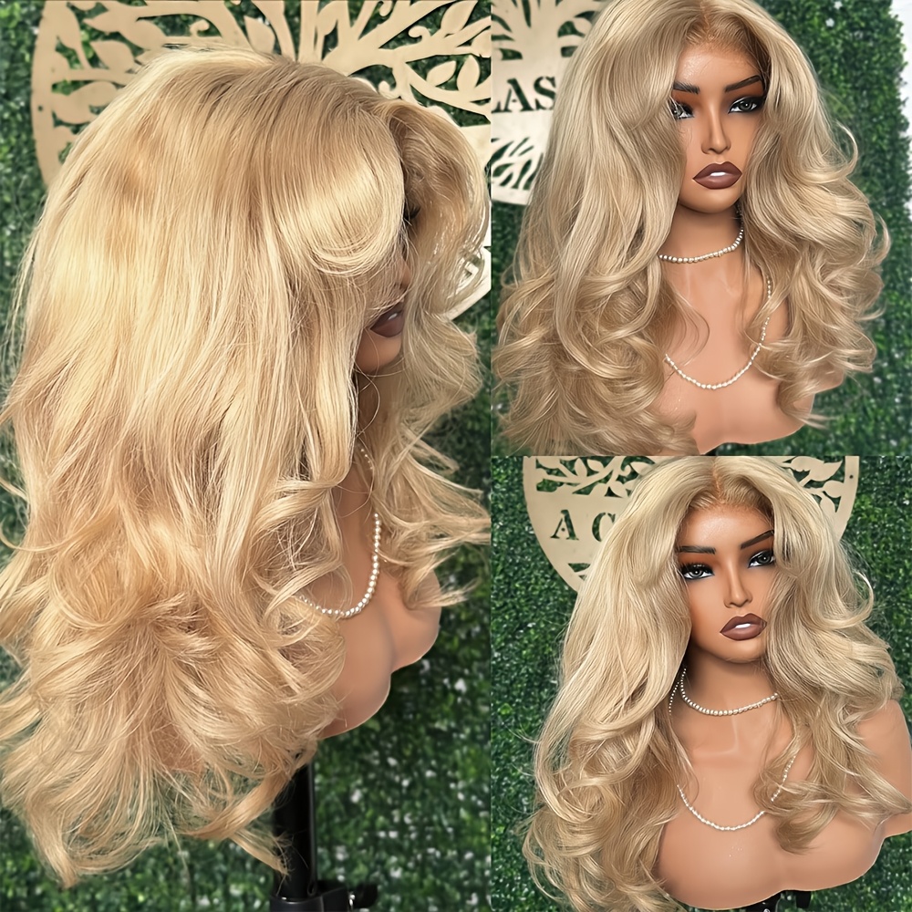 Image of 26 Inch Ash Blonde Body Wave Long Hair Wigs Light Golden Blonde Glueless Synthetic Lace Frontal Wig 13x4 Free Part Heat-resistant Synthetic Fiber Daily Party Cosplay Use Density Hairline