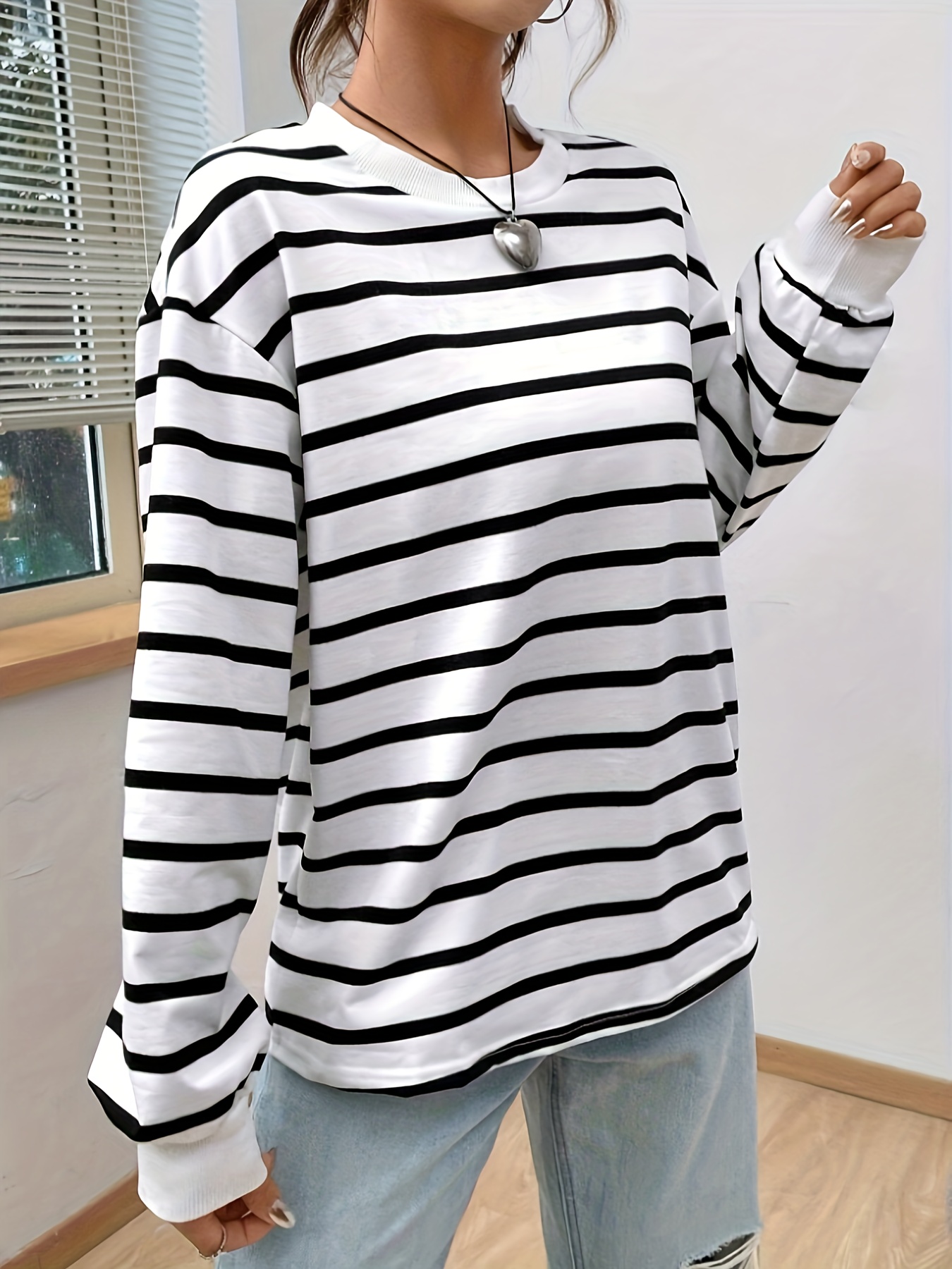 women's elegant striped sweatshirt black white horizontal Temu