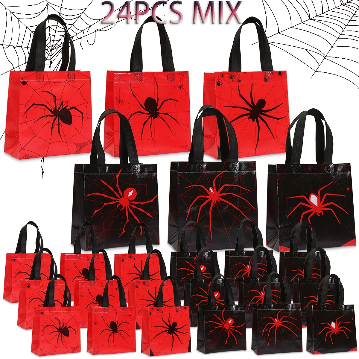 TEMU Gift For Her/him 24pcs Non-woven Printed Black And Red Tote Bags, Gift Bags, Gift Packaging Bags, Party Tote Gift Bags, Halloween Black And Red
