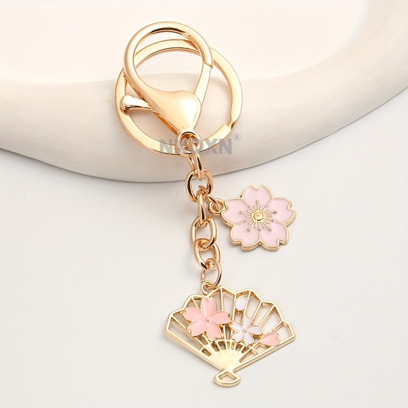 TEMU 1pc Keychain - Golden-tone Floral Keyring With Cherry , Elegant Bag Charm Or Keychain For Women, Birthday Gift For Her, Anime & Japan Lovers (
