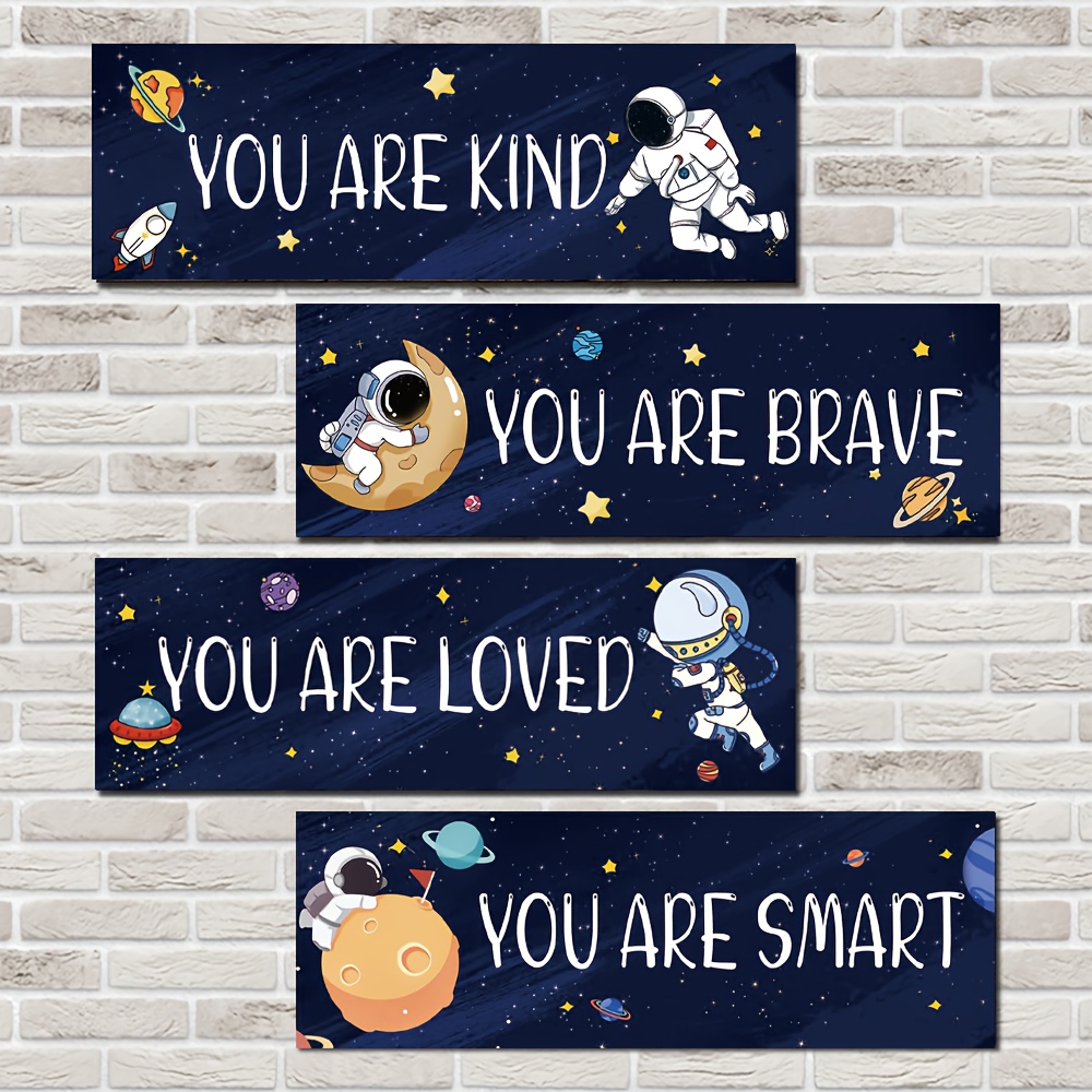 TEMU 4pcs Wooden Bedroom Space Decor, Astronaut/ Inspirational Quote Sign, Space Art Decoration For Bedroom/living Room/game Room, Home DÃ©cor With