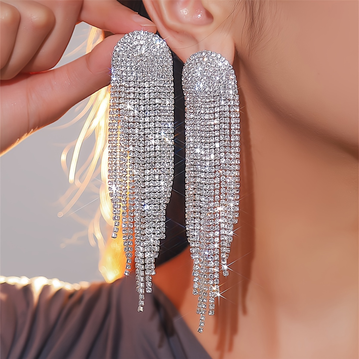 TEMU Long Tassel Earrings With European And American Temperament, Full Of Trendy Water Drill Long Tassel Earrings For Women, High-end Ear Studs Ear Jewelry Earrings