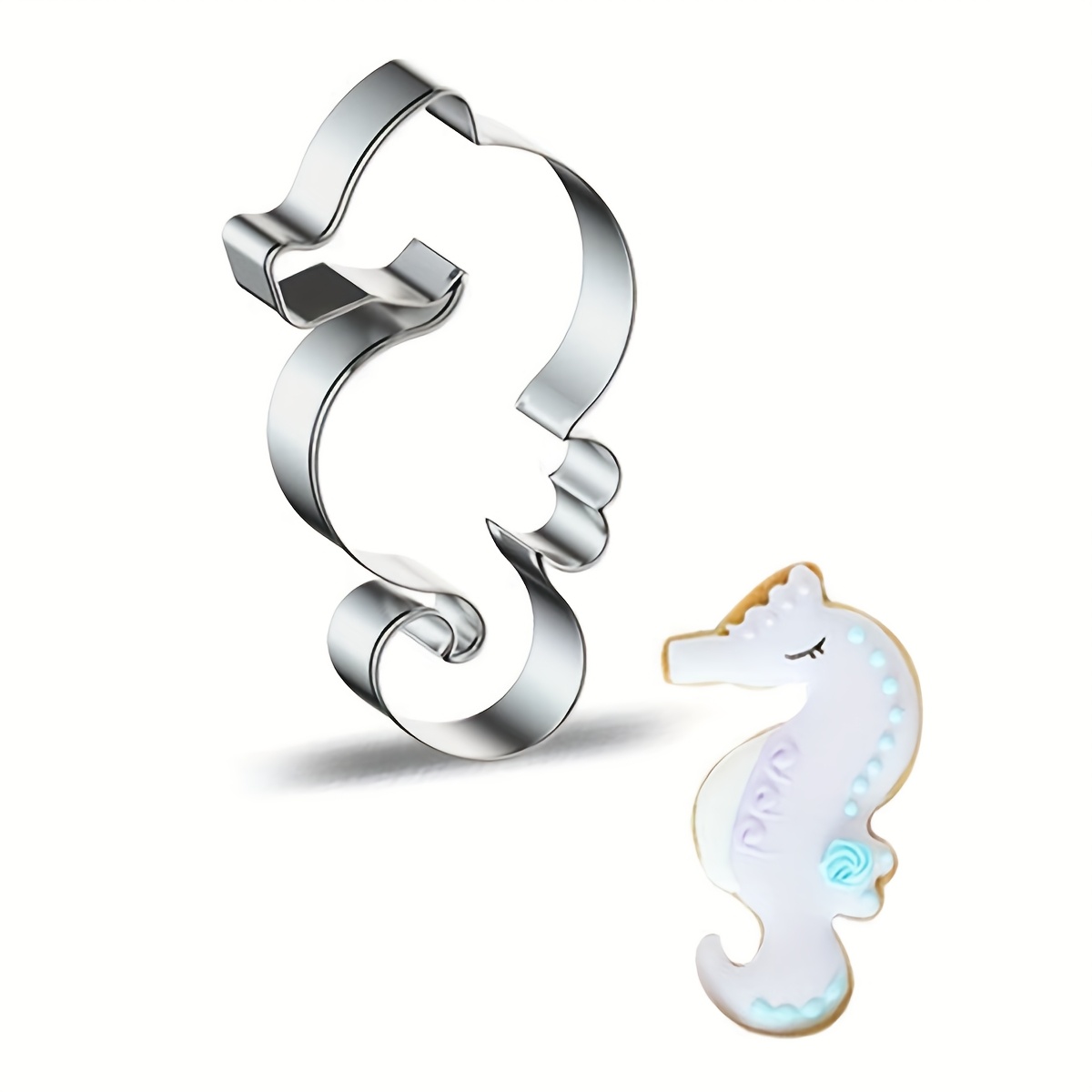 A Stainless Steel Cookie Cutter In Of A Cartoon Sea Creature, Specifically A Seahorse, For And Fondant Baking