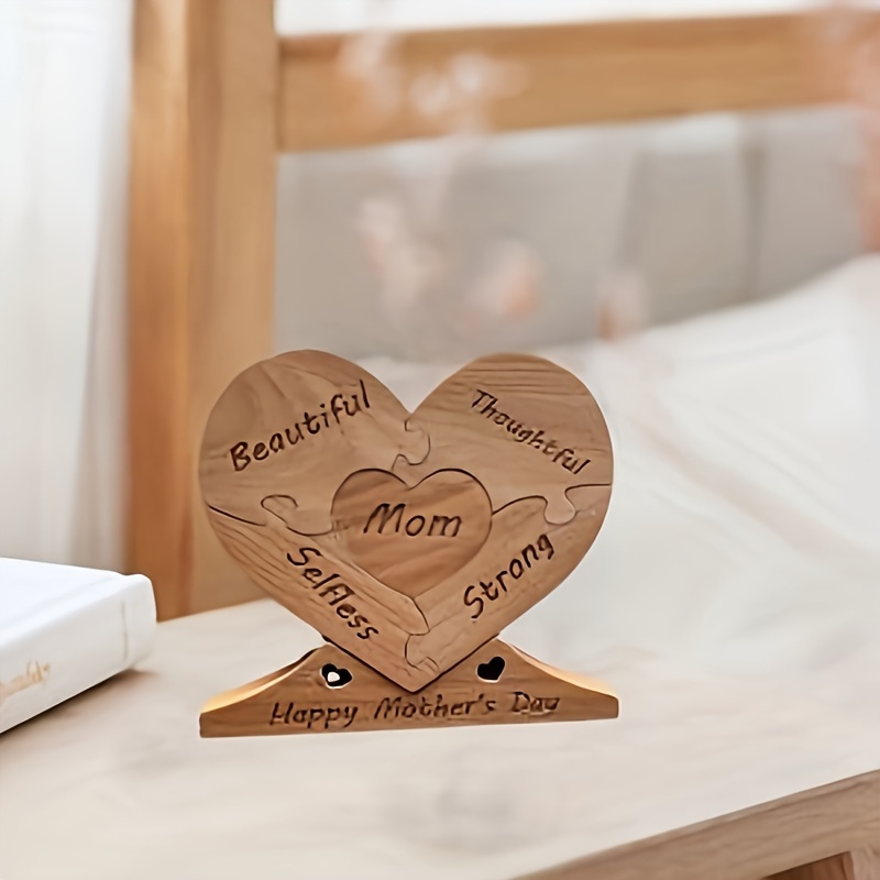 1pc personalized wooden heart puzzle home decor desk ornament solid wood trinket customizable mothers day birthday gift details 2