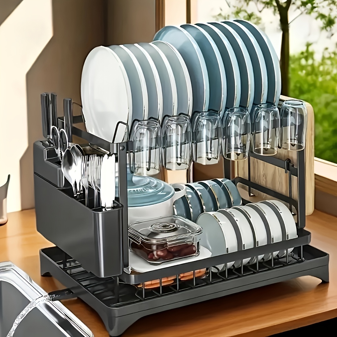 TEMU 2 Tier Dish Drainer Rack For Kitchen Counter - Space-saving Dish Rack With Utensil Holder And Cutting Board Holder Large Capacity Drying Rack