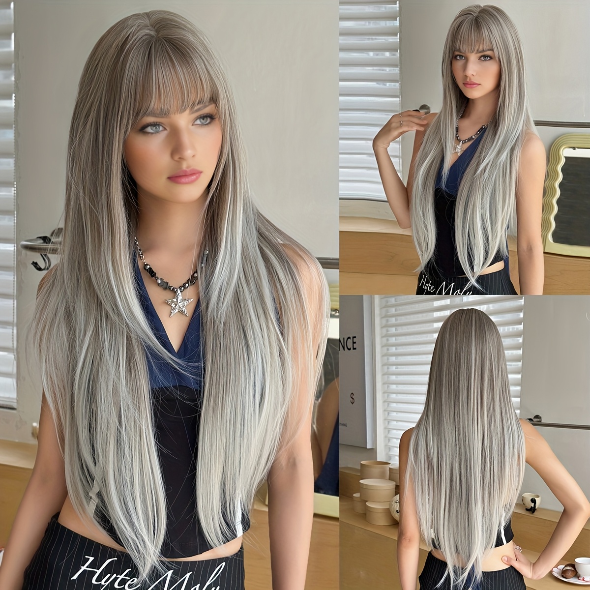 TEMU Long Wig For Women Natural Gradient White Synthetic Loose Layered Hair Wigs With Curtain Bangs For Daily Party Wear, Halloween Cosplay Wigs