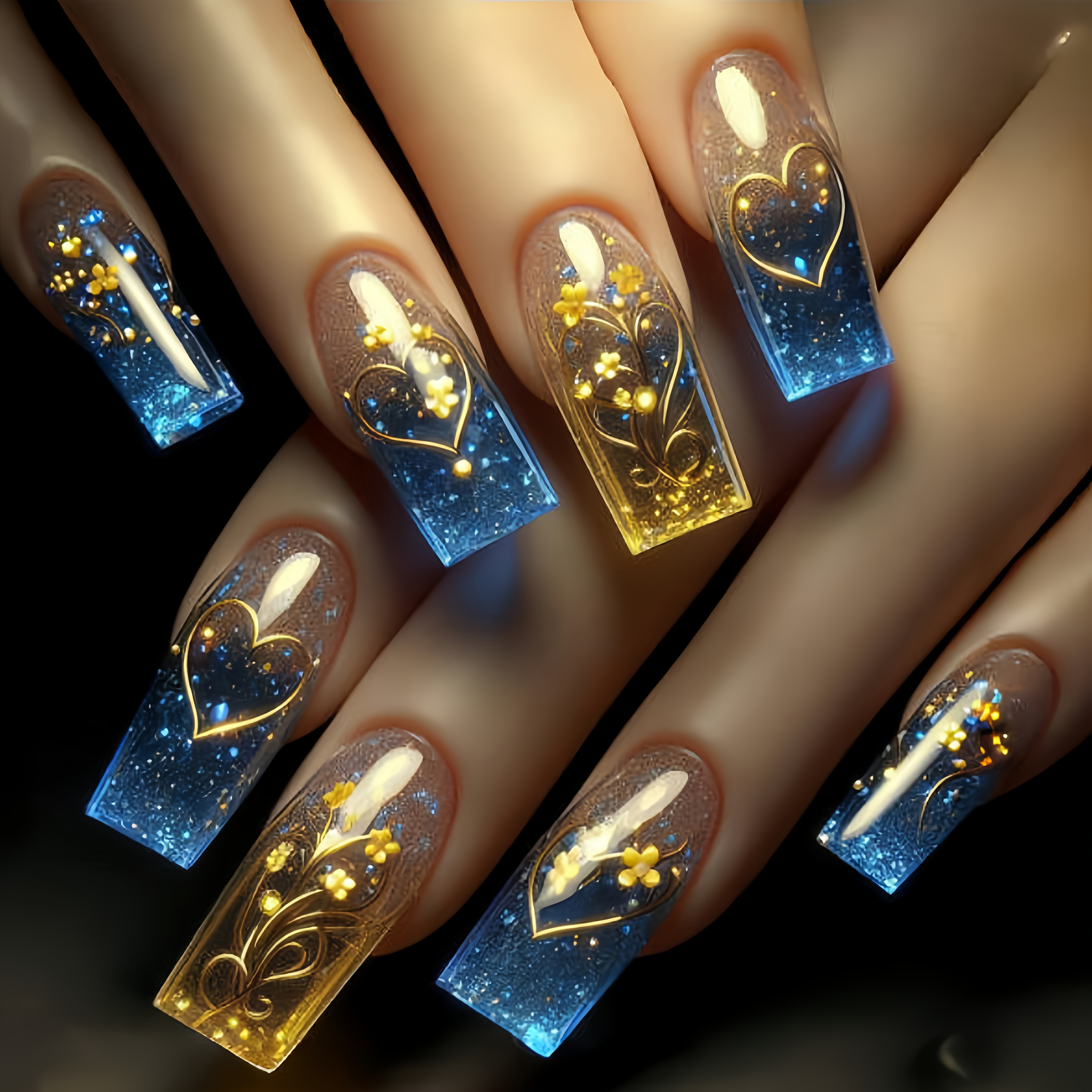 

24pcs Luxury Ballet-style Long Press-on Nails Set, Blue And Golden With , Removable Fake Nail Tips In Box