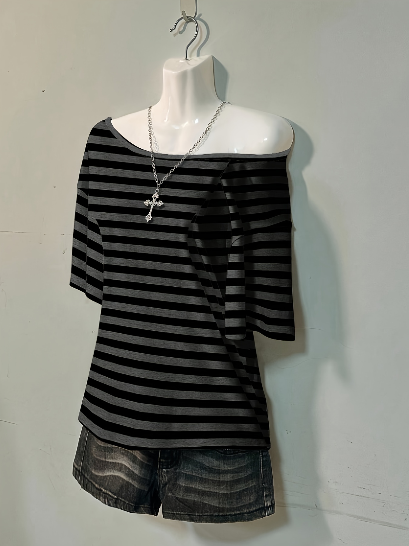 womens fashion basic striped casual all match gothic style daily off shoulder one shoulder t shirt