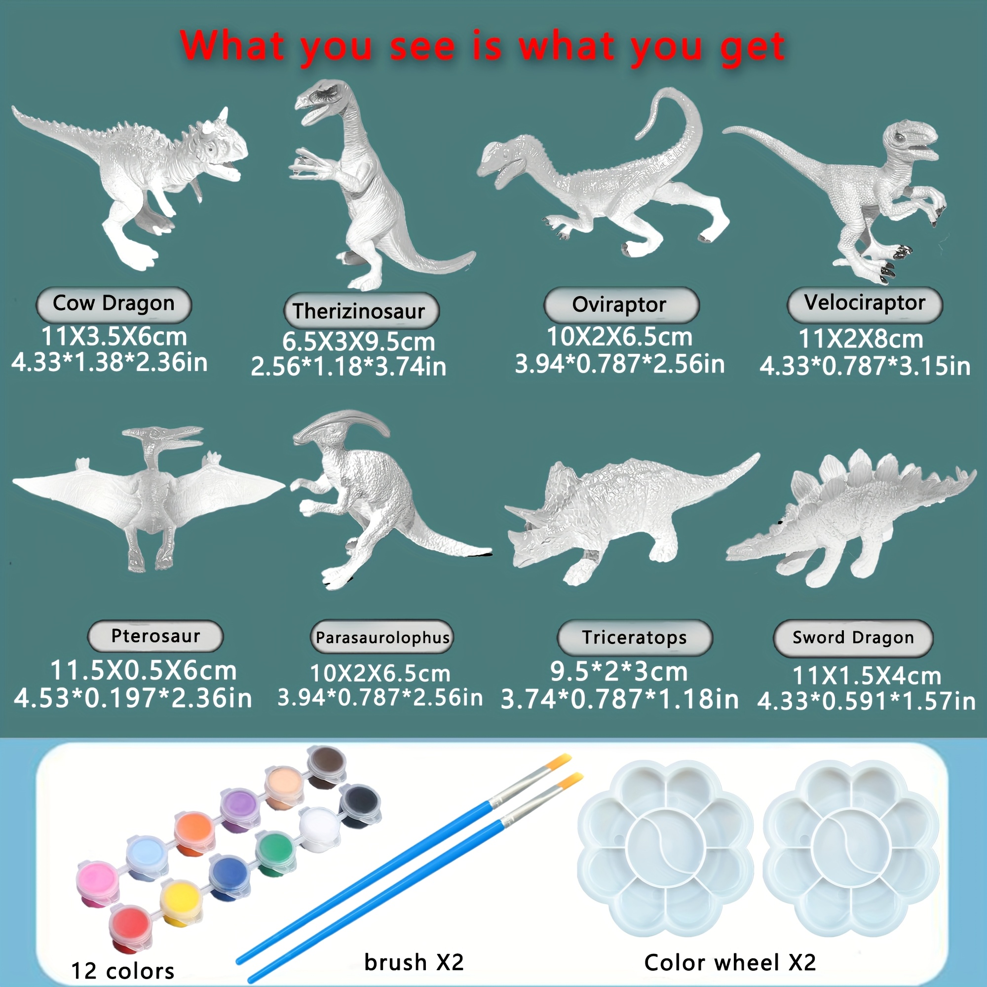 Image of 14pcs (8 Dinosaurs 2 Paint Strips 2 Brushes 2 Palettes) Kids Painting Set - White Pvc Material, Washable And Repaintable , Your Imagination. Perfect Gift