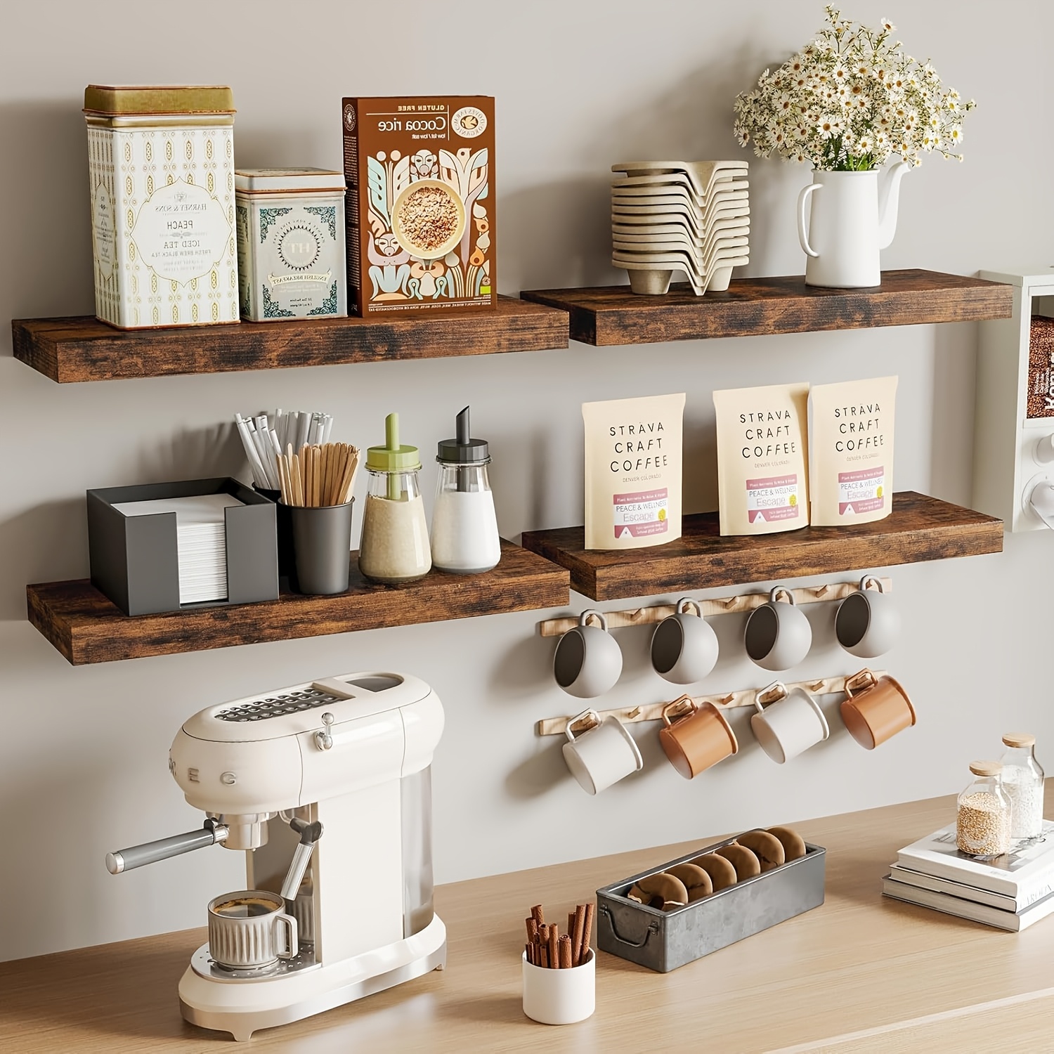Image of Wall-mounted Linear Shelves, Set Of 4, 1.7cm Thick For Sturdy Load-bearing, Brown And Black Two-color Options, Simple Linear Design, Suitable For Kitchen, Living Room, Bedroom Wall Storage Shelves