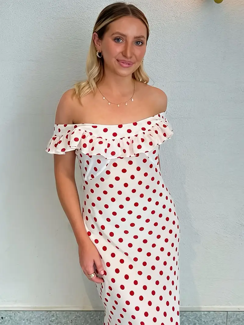 red polka dot off shoulder dress Matteau Off-shoulder Polka Dot Maxi Dress