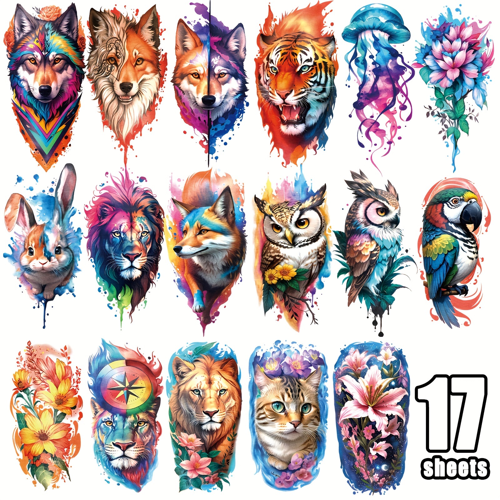 Watercolor Animals Temporary Tattoos For Adults Arm Hands Fake Tattoo Sticker Flash Lion Wolf Tiger Tattoos Makeup