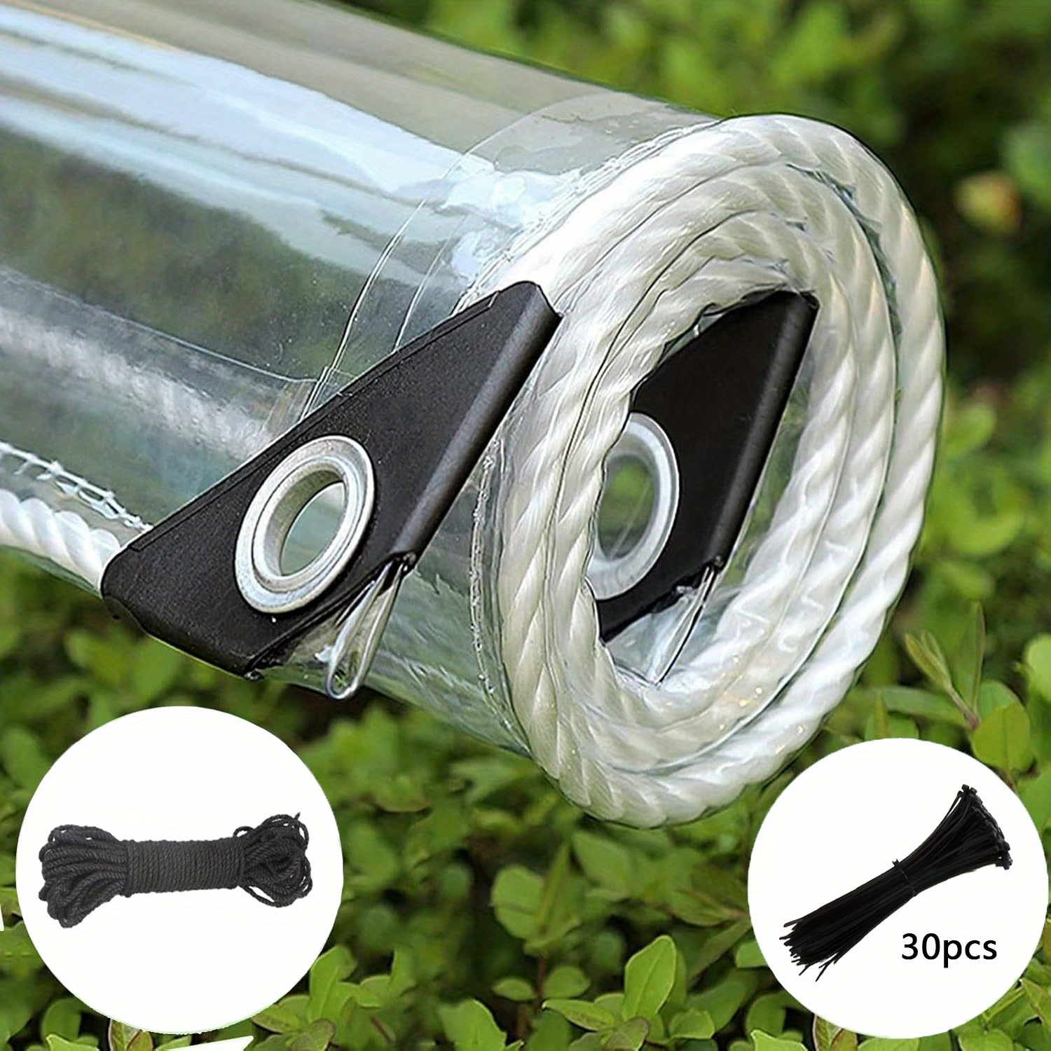 Image of Heavy Duty Clear Plastic Sheet With Grommets - Durable & Tear Resistant Reinforced Edges For Patio Cover, Greenhouse, Camping, Chicken Coops & Protection, 12 Color Options (includes 1 Rope & 30 )