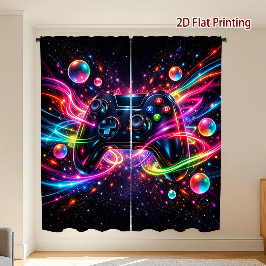 TEMU 2pcs Game Controller Colorful Pattern   Printed Curtains, Soft Light, Privacy Protection, Rod Pocket Installation. Suitable For Living Room,