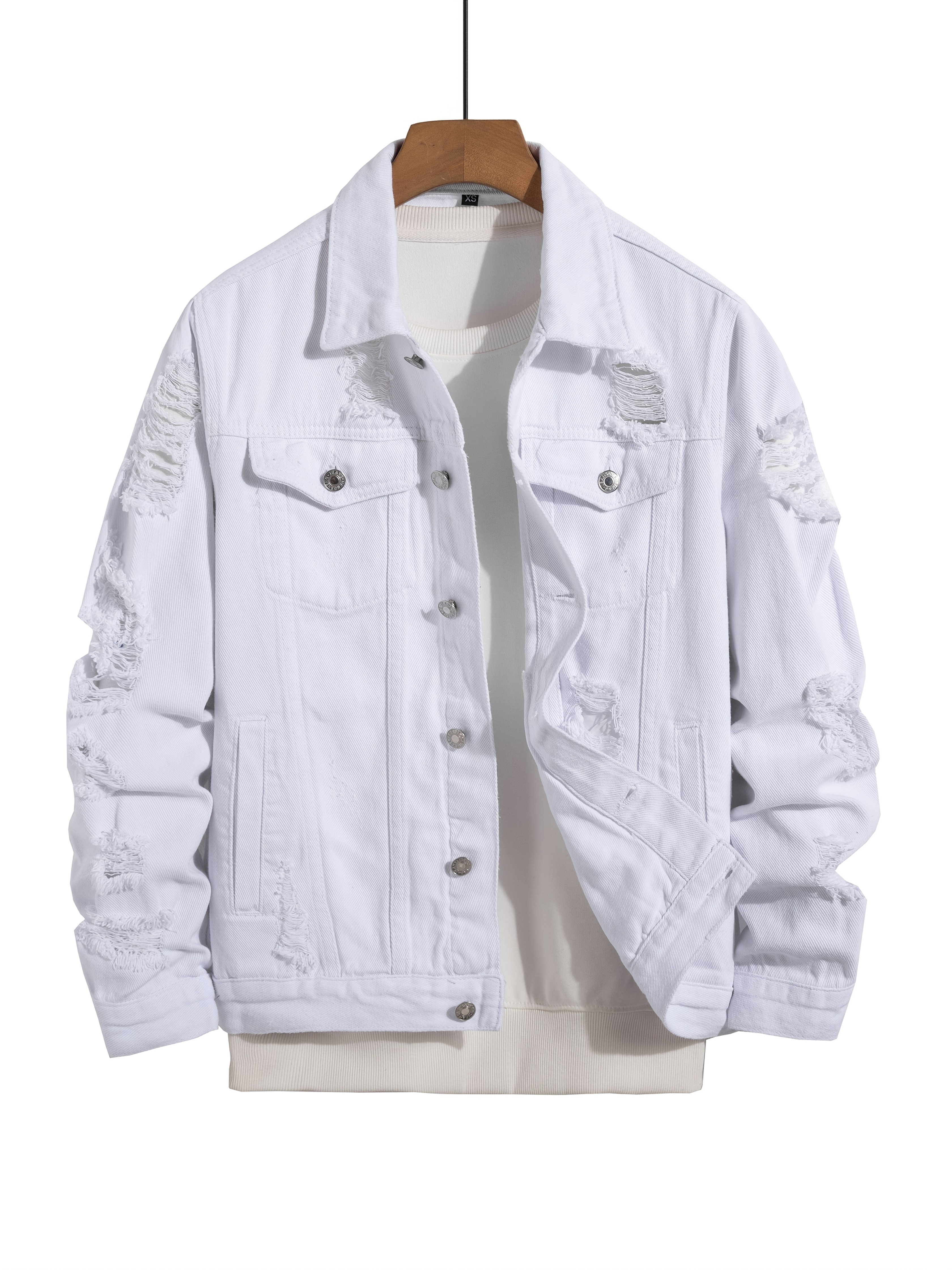 mens distressed denim jacket white ripped street style flap Temu