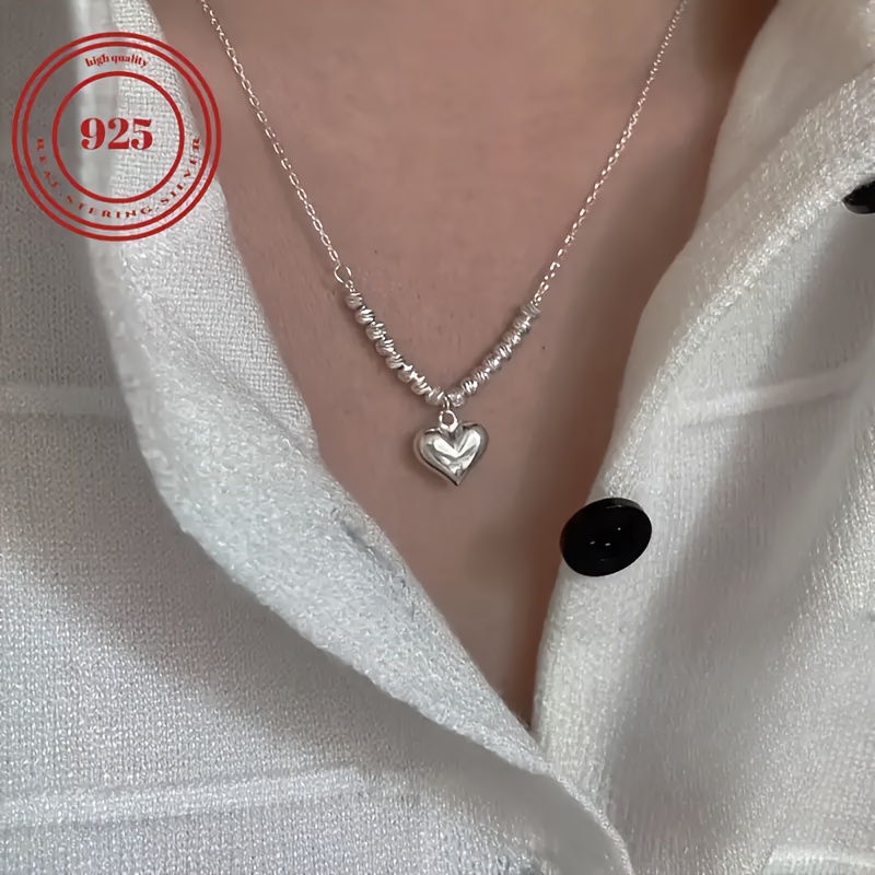 925 Sterling Silver Heart Pendant Necklace with Anti-Allergy Beads