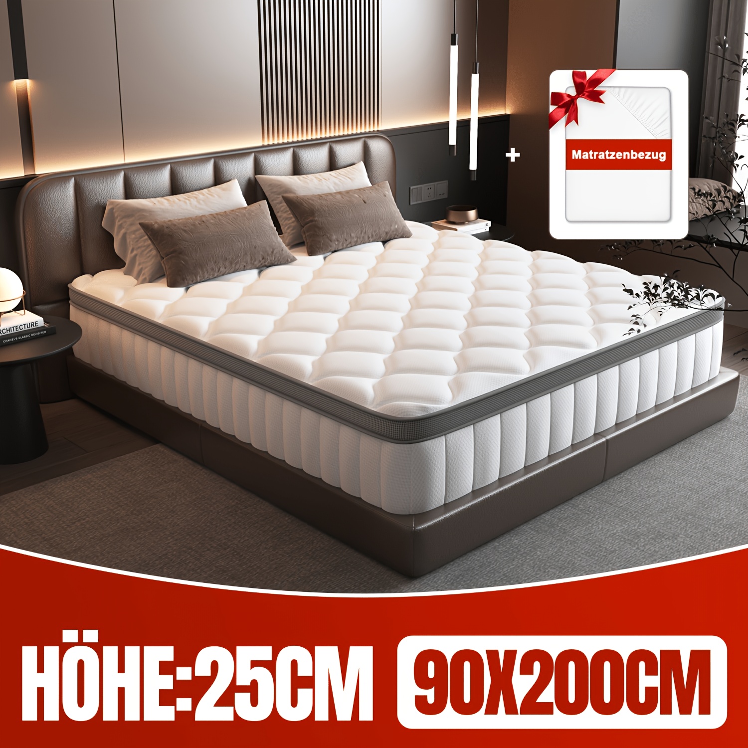 Image of | Gronfont Mattress 90x200cm, Premium Mattress, Ergonomic 7-zone Mattress, Height 25cm, Firmness Grade H3, Spring Mattress With Fitted Sheet