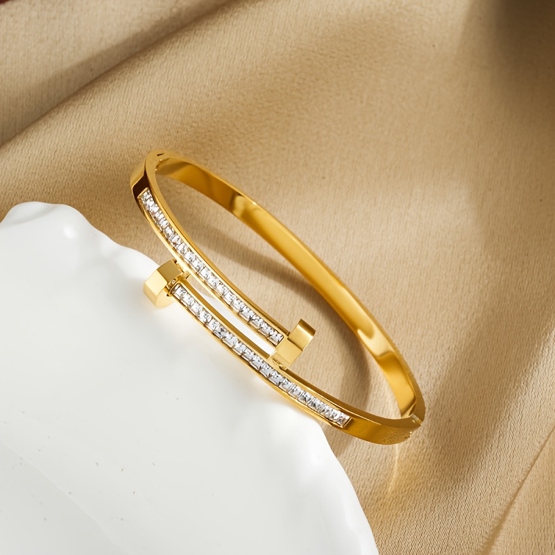TEMU Bracelet de mode pour femmes en | Acier inoxydable plaqué or , maillons , double rangée de design brillant, ensemble empilable, bijoux