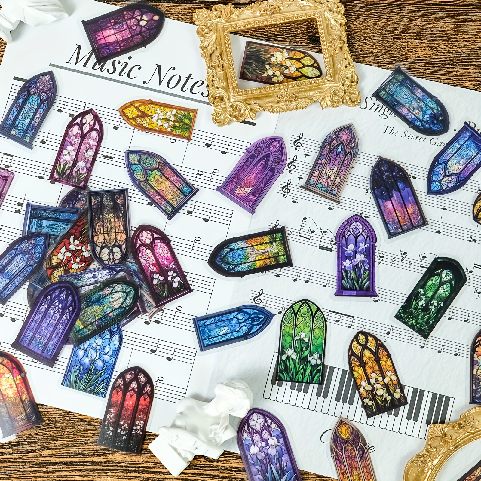 50pcs Window Flowers Pet Stickers, Handbook Journal Material , Colorful Fantasy Theme Decoration Transparent Laser Stickers