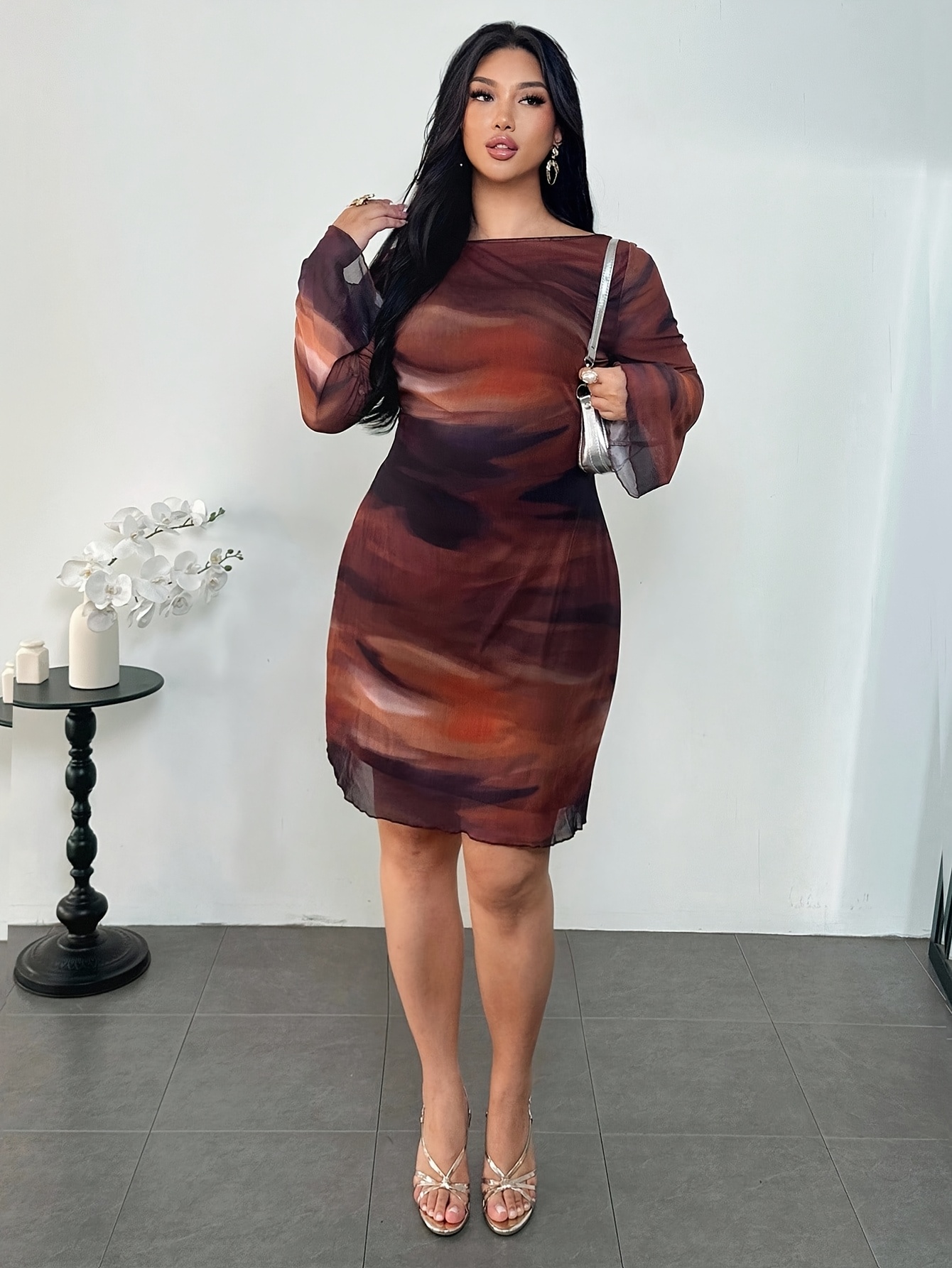 knee length dresses for ladies Elegant Plus Size V-Neck Flare Sleeve Mini Dress with Ruffled Hem in Coffee main image 0