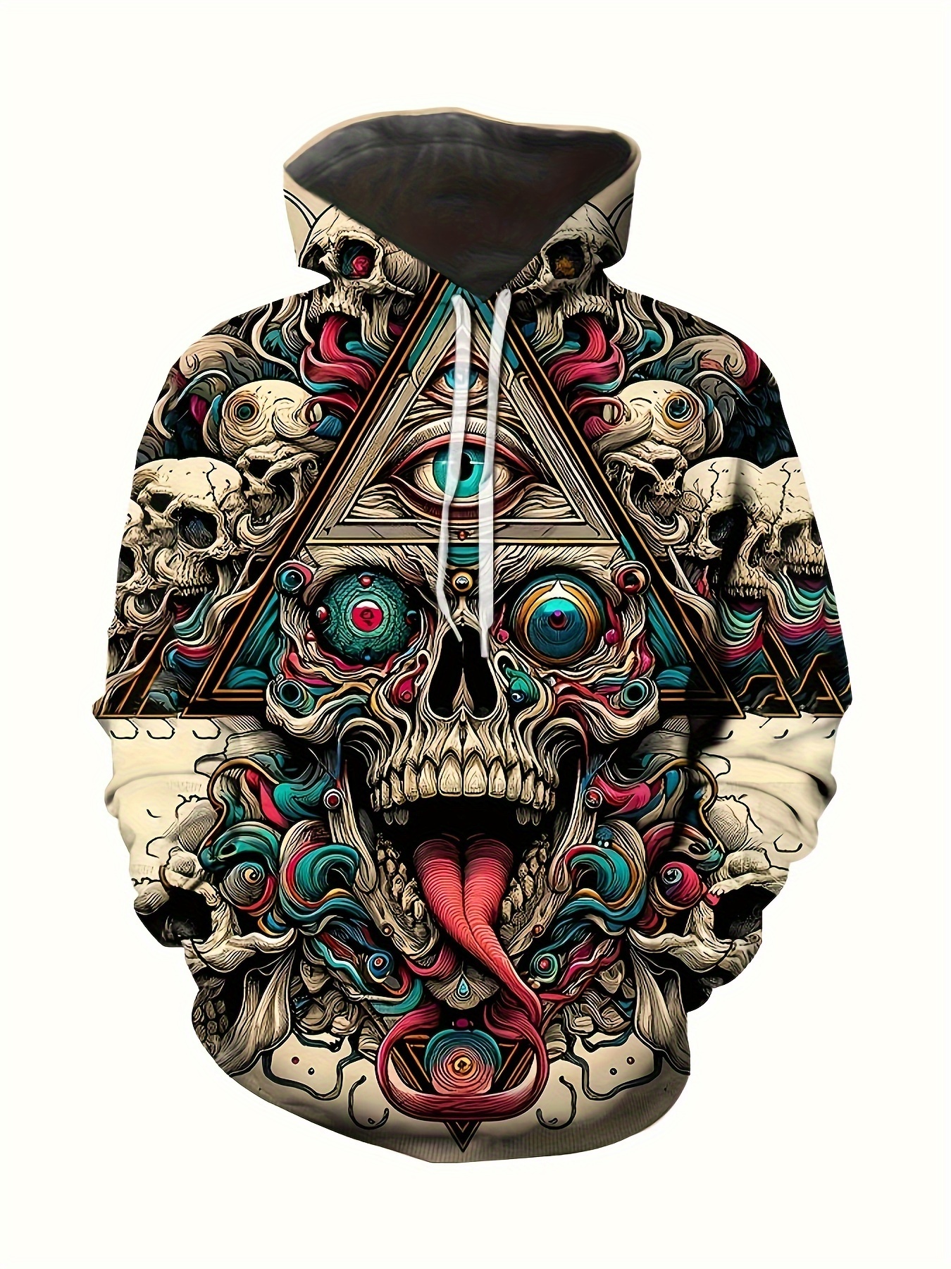 Büyük Beden Erkek 3D Kafatası Baskılı Kapüşonlu Sweatshirt - Rahat Tam Baskılı Kazak, Nefes Alabilen Tişört