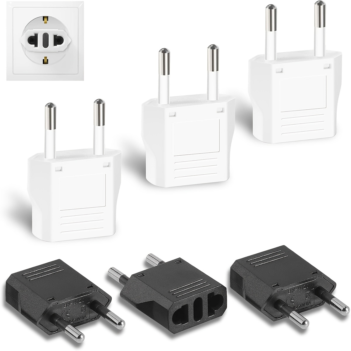 TEMU 6pcs Eitseued Smart European Adapters - Us To Eu Type C Plug Travel Adapters, 220-240v Power Converter With 3.5mm & 2.5mm Connectors, For Use,