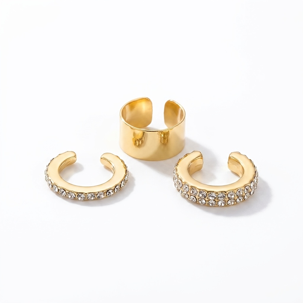 Image of 3pcs Golden Ear Cuff Set - Non-piercing Cartilage Earrings - Pave Cubic Zirconia And Minimalist Clip-on Jewelry For Women, -free Fake Piercing