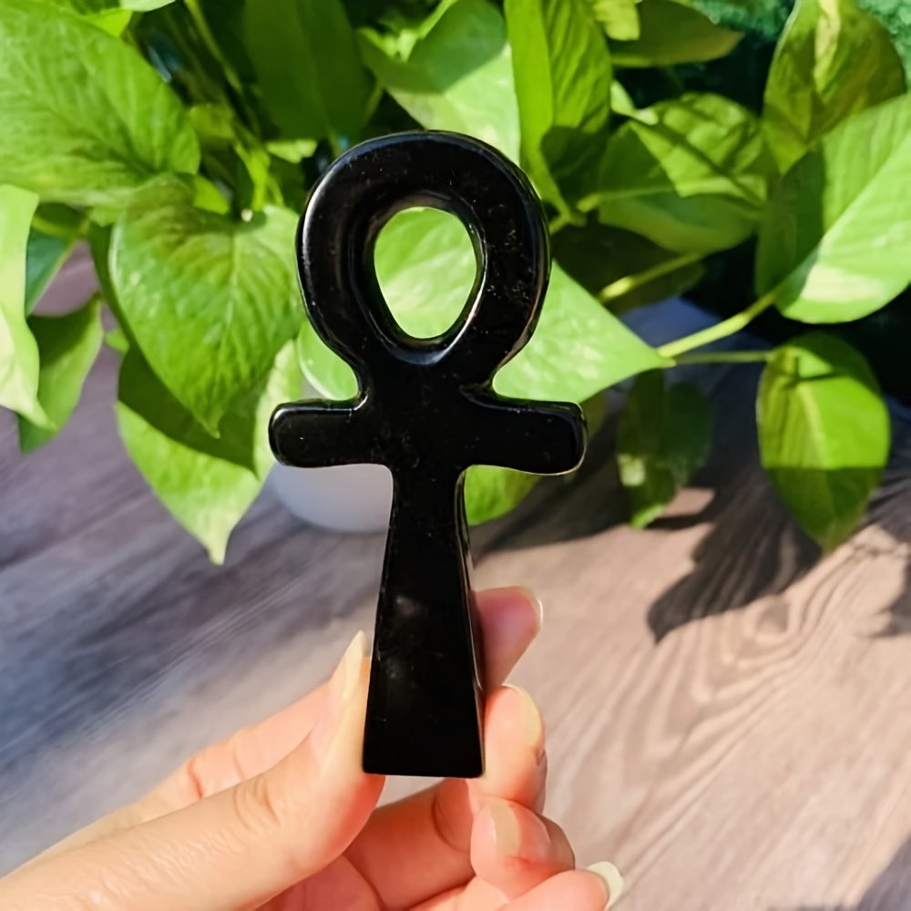TEMU 1pc Natural Obsidian Carved Into A Cross The Egyptian Ankh, A Symbol Of Life. This Unique Specimen Is Ideal For Collectors And Educational