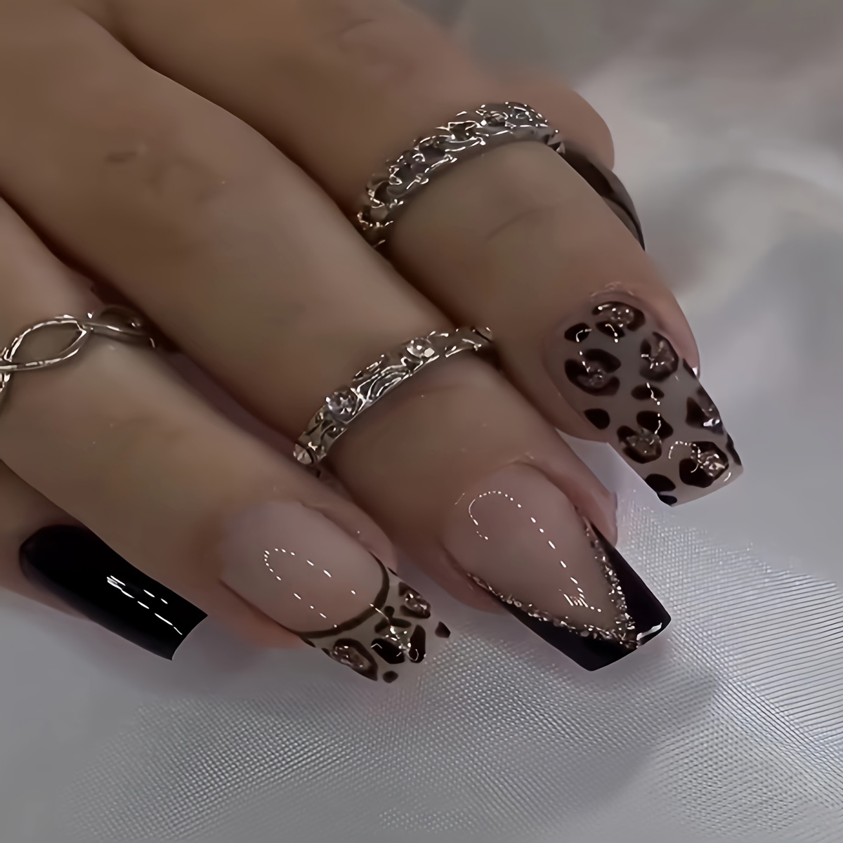 Image of 24pcs Western Black French Leopard Square Nails With Gel And File
