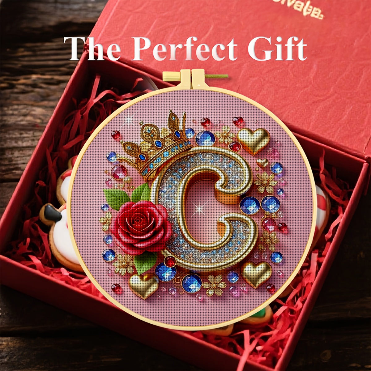 Round DIY Cross-Stitch Starter Kit with Rhinestone Rose Design