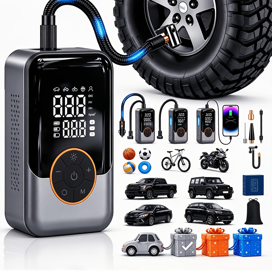 TEMU Portable Wireless Air Pump With Digital Tire Pressure Gauge And Emergency Led Light, 6x Fast Charging Wireless Design With Rechargeable Battery.