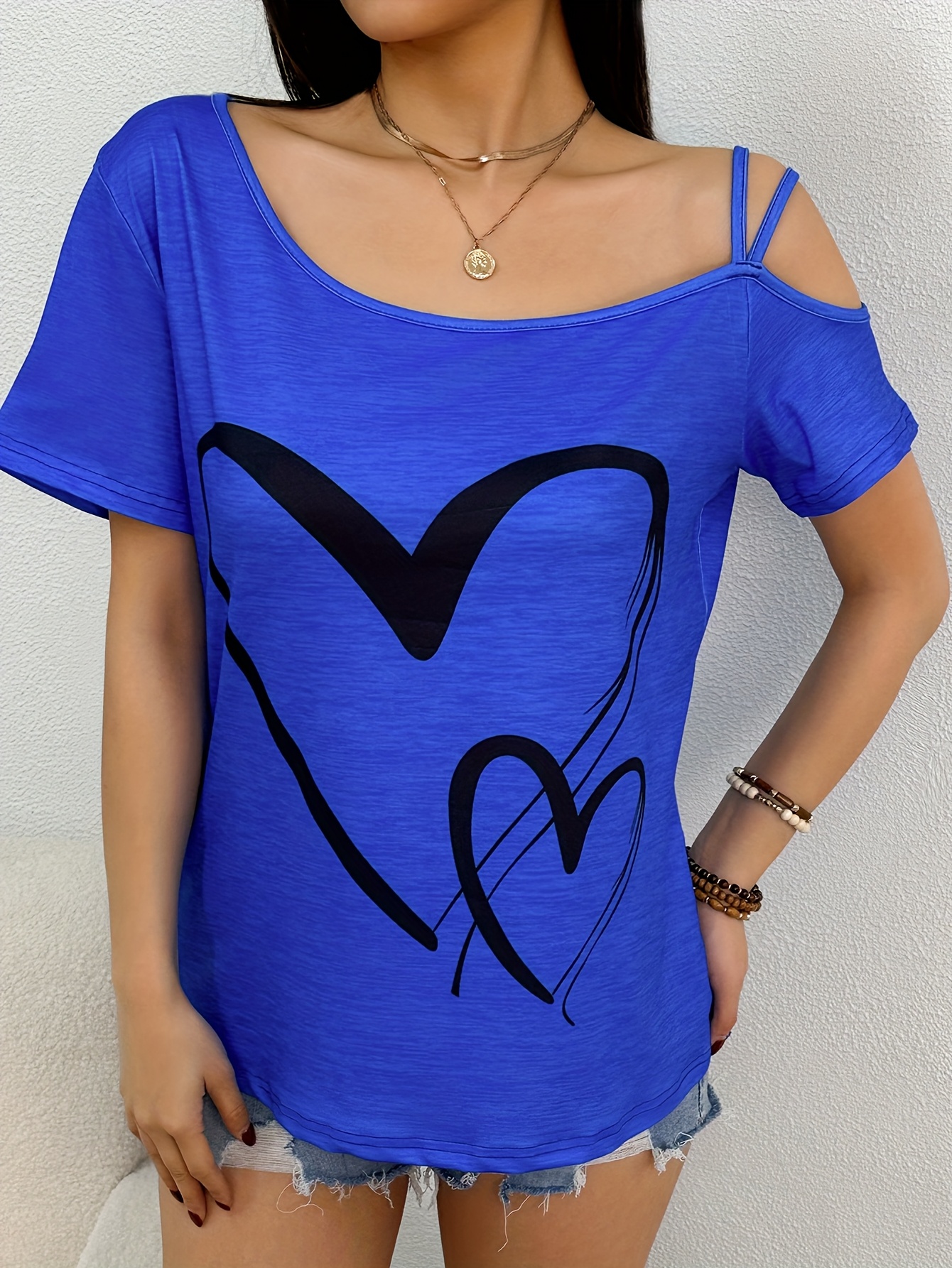 Heart Print Slant Shoulder T-shirt, Casual Short Sleeve Top For Spring & Summer, Women's Clothing