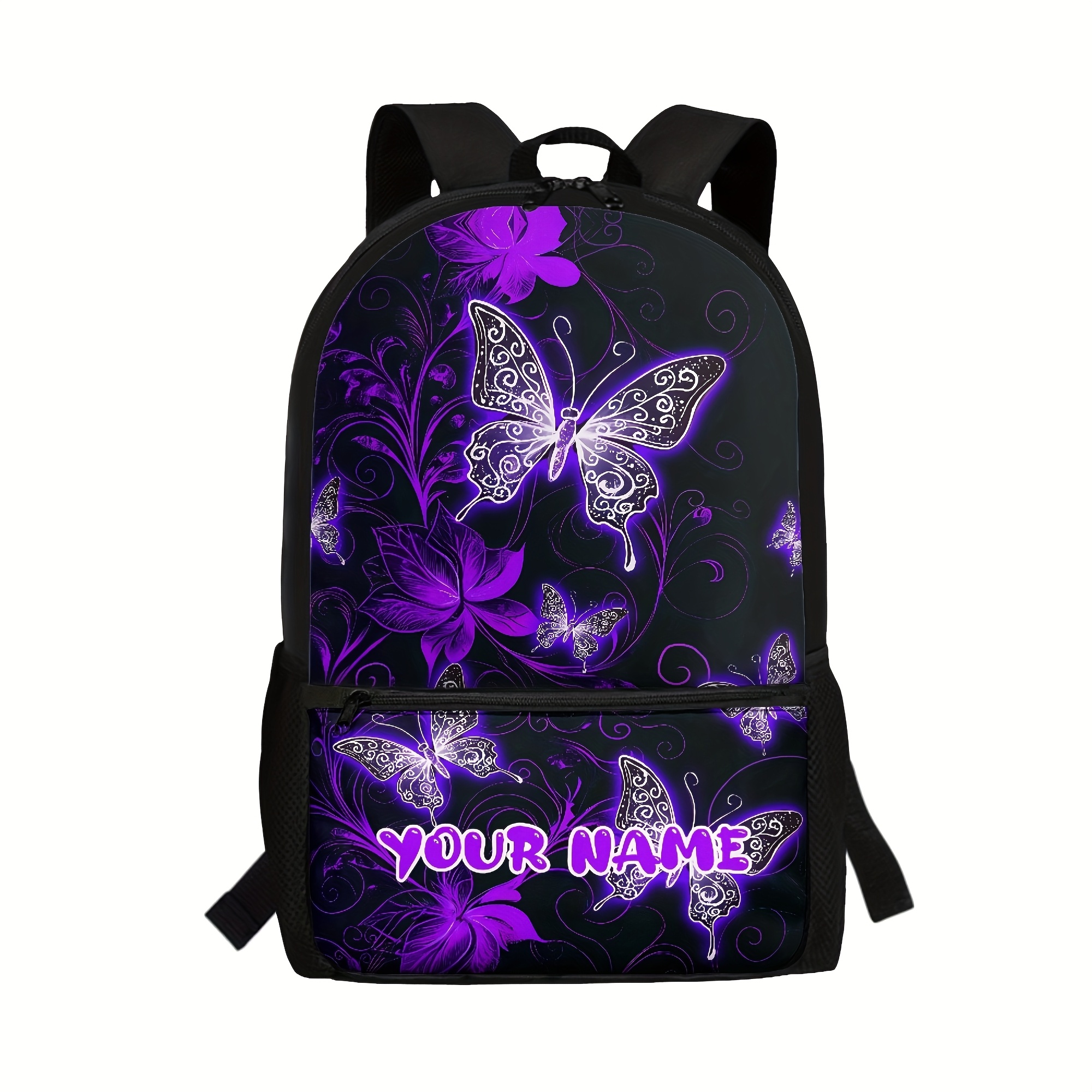 TEMU Customized Name Backpack: A Student Double-shoulder Bag Featuring A Purple Floral Design, 17-inch School Backpack, Durable Stylish Bag, Casual